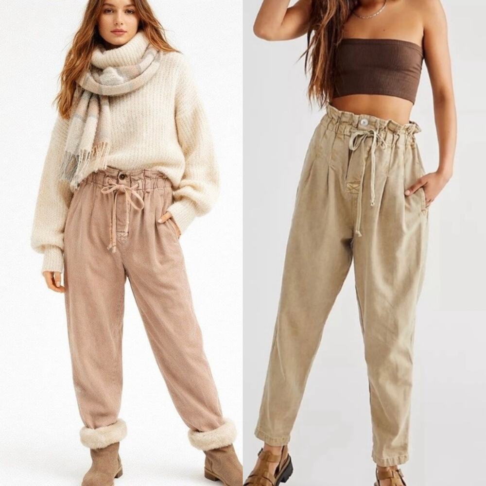 🔥Free People Margate Beige Paperbag High Waist Pleated Trouser Pants Boho Sz XS